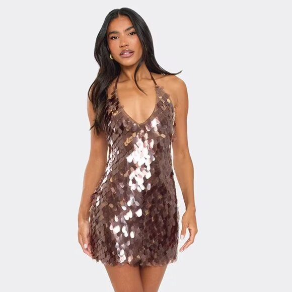EGO Plunge Neck Mini Dress In Brown Disc Sequin - Picture 1 of 4